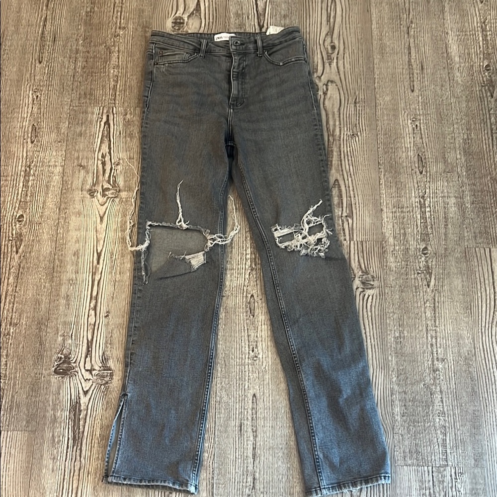 Zara Gray Distressed Flare Jeans